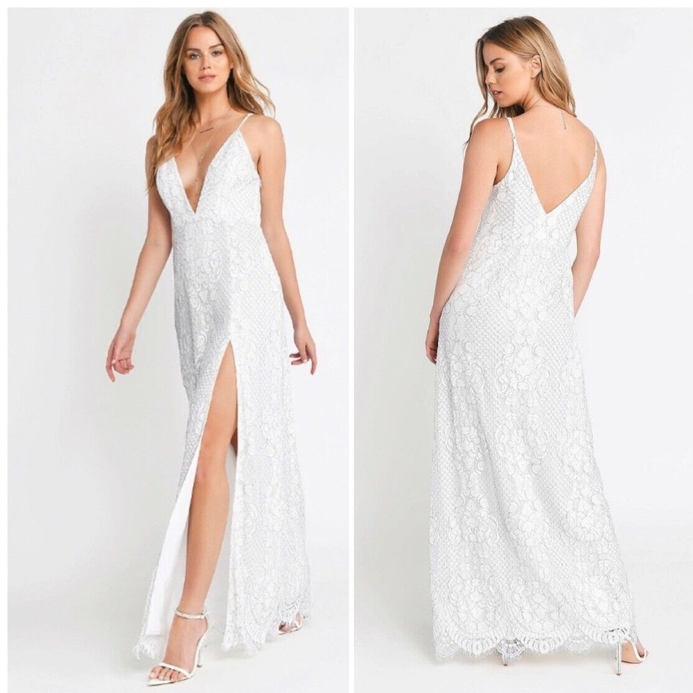 Tobi Swoon Over You Lace Plunge High Slit Maxi Dress - white - XS - worn once!